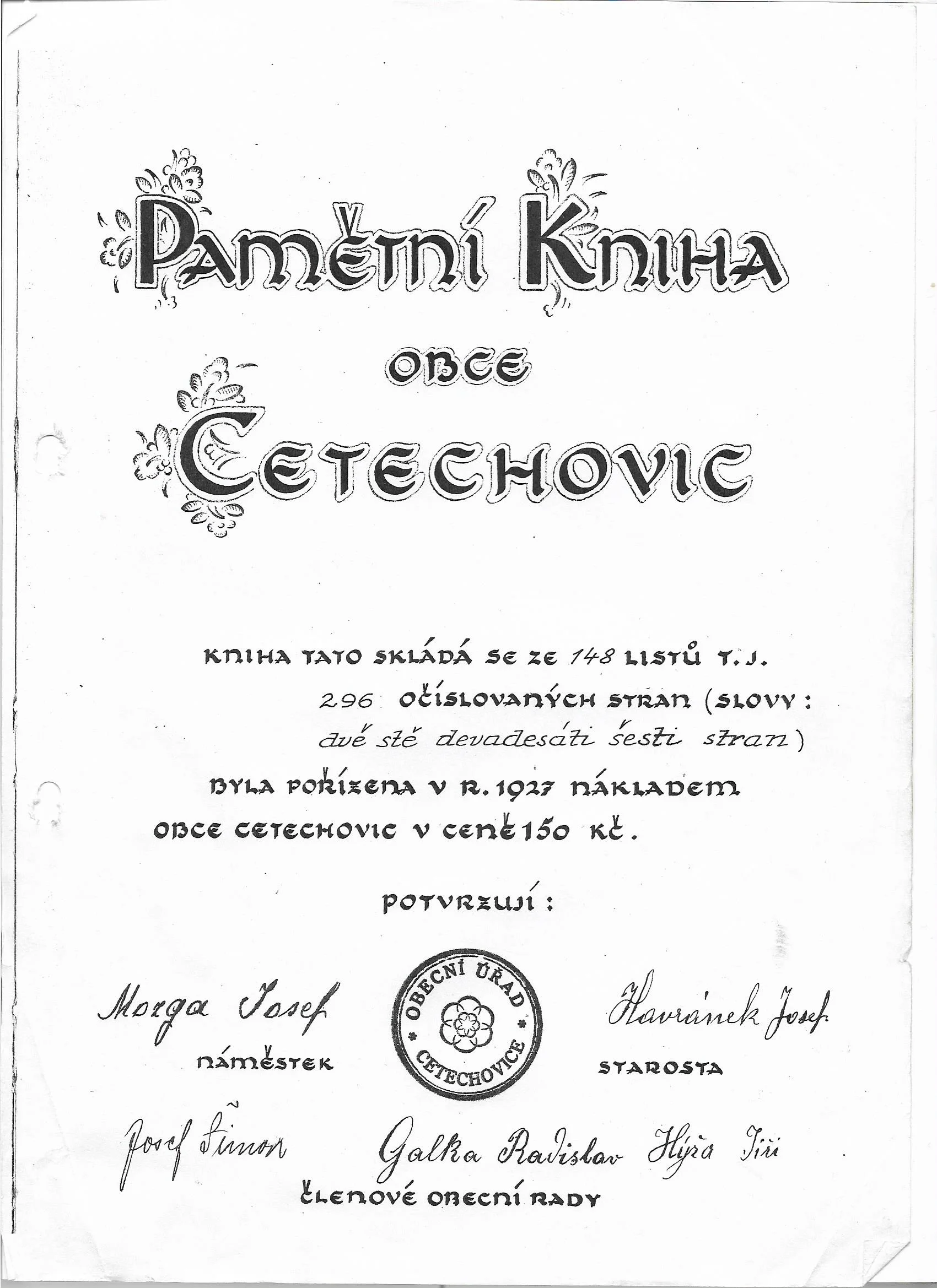 Pamětní kniha Cetechovice 1927 - 1